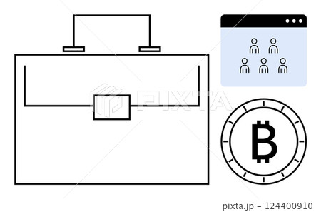 Business briefcase, cryptocurrency Bitcoin symbol, virtual meeting with multiple users. Ideal for finance, digital currency, remote work, business management, teamwork, online collaboration Business briefcase, cryptocurrency Bitcoin symbol, virtual meeting with multiple users. Ideal for finance, digital currency, remote work, business management, teamwork, online collaboration 124400910