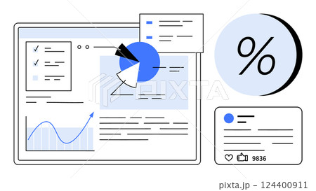 Data dashboard featuring analytics charts, pie chart, and percentage icon. Includes social media interaction metrics. Ideal for business reports, marketing analysis, social media strategies, data Data dashboard featuring analytics charts, pie chart, and percentage icon. Includes social media interaction metrics. Ideal for business reports, marketing analysis, social media strategies, data 124400911
