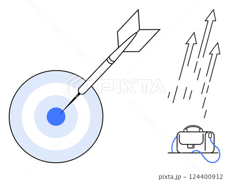 Bullseye target with arrow hitting the center, next to rising graph arrows and briefcase. Ideal for business strategies, goal setting, success measurement, career growth, achieving targets Bullseye target with arrow hitting the center, next to rising graph arrows and briefcase. Ideal for business strategies, goal setting, success measurement, career growth, achieving targets 124400912