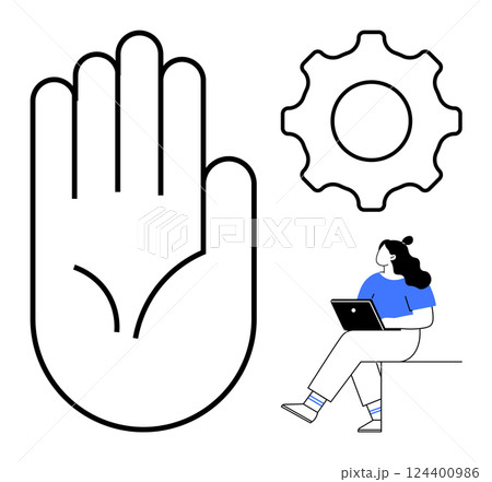 Hand raised palm, gear icon, and seated woman working on laptop. Ideal for technology, user experience, workflow, teamwork, productivity, innovation, and communication themes. Line metaphor Hand raised palm, gear icon, and seated woman working on laptop. Ideal for technology, user experience, workflow, teamwork, productivity, innovation, and communication themes. Line metaphor 124400986