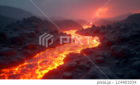 Molten River, A Fiery Landscape at Sunset lava 124401034