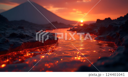 Molten River, A Fiery Landscape at Sunset lava 124401041