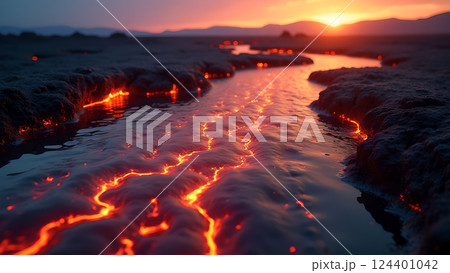 Molten River, A Fiery Landscape at Sunset lava 124401042