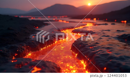 Molten River, A Fiery Landscape at Sunset lava 124401053