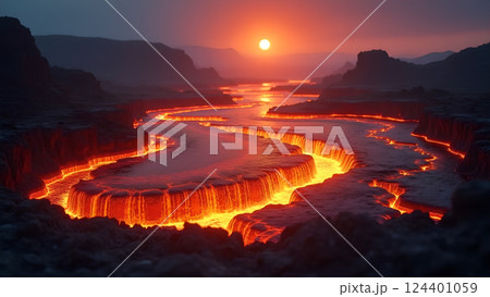 Molten River, A Fiery Landscape at Sunset lava 124401059
