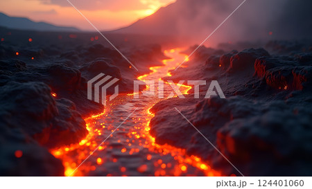 Molten River, A Fiery Landscape at Sunset lava 124401060