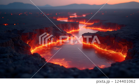 Molten River, A Fiery Landscape at Sunset lava 124401062