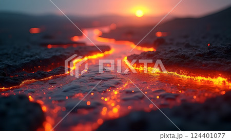 Molten River, A Fiery Landscape at Sunset lava 124401077