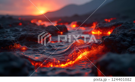 Molten River, A Fiery Landscape at Sunset lava 124401082