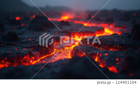 Molten River, A Fiery Landscape at Sunset lava 124401104
