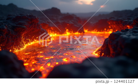 Molten River, A Fiery Landscape at Sunset lava Molten River, A Fiery Landscape at Sunset lava 124401127