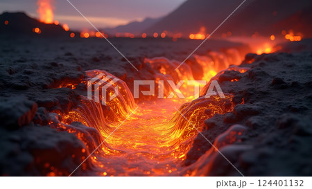 Molten River, A Fiery Landscape at Sunset lava 124401132