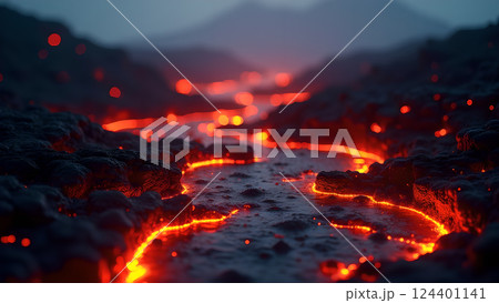 Molten River, A Fiery Landscape at Sunset lava 124401141