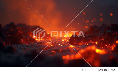 Molten River, A Fiery Landscape at Sunset lava 124401142