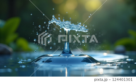 Refreshing Water in Glass with Natural Sunlight 124401301