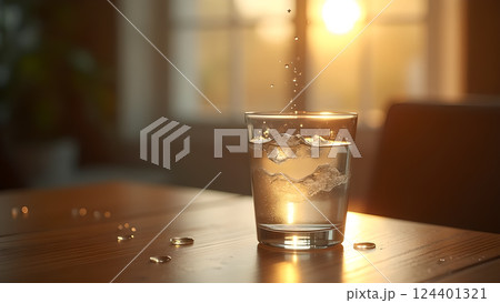 Refreshing Water in Glass with Natural Sunlight 124401321