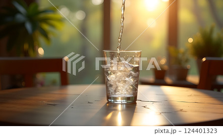 Refreshing Water in Glass with Natural Sunlight 124401323
