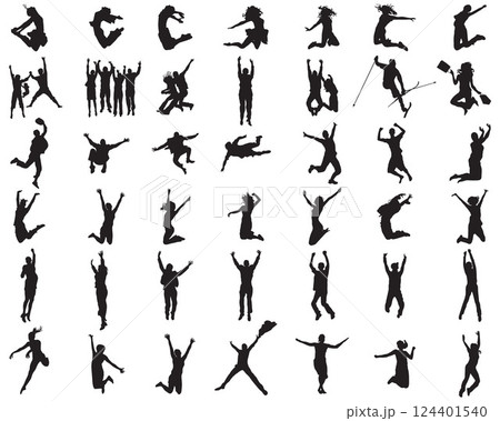 Silhouettes of people jumping and flying on a white background	 124401540