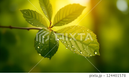 Lush Green Leaf with Water Droplets in Sunlight 124401578