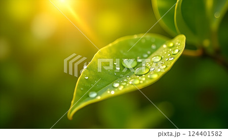 Lush Green Leaf with Water Droplets in Sunlight 124401582