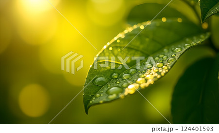 Lush Green Leaf with Water Droplets in Sunlight 124401593