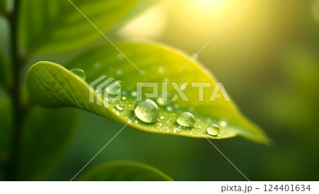 Lush Green Leaf with Water Droplets in Sunlight Lush Green Leaf with Water Droplets in Sunlight 124401634