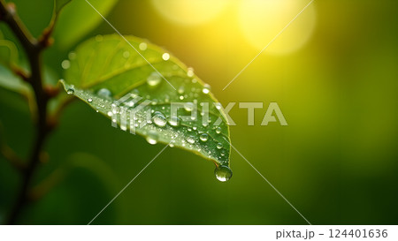 Lush Green Leaf with Water Droplets in Sunlight 124401636