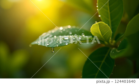 Lush Green Leaf with Water Droplets in Sunlight 124401640