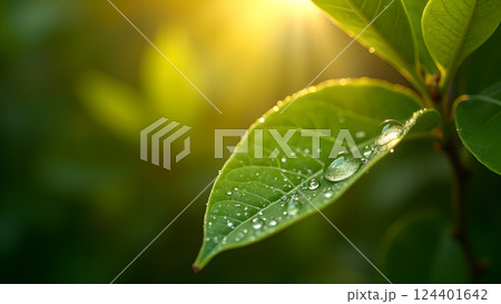 Lush Green Leaf with Water Droplets in Sunlight Lush Green Leaf with Water Droplets in Sunlight 124401642