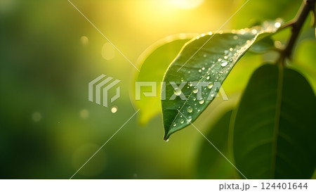 Lush Green Leaf with Water Droplets in Sunlight Lush Green Leaf with Water Droplets in Sunlight 124401644