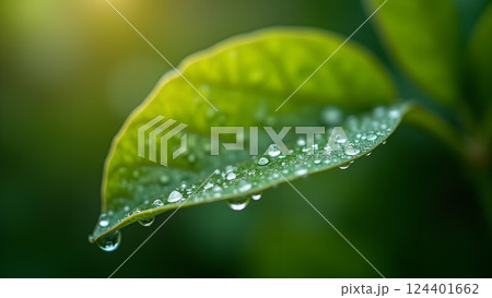 Lush Green Leaf with Water Droplets in Sunlight 124401662