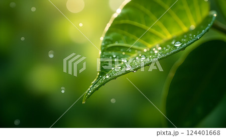 Lush Green Leaf with Water Droplets in Sunlight Lush Green Leaf with Water Droplets in Sunlight 124401668