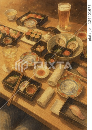 お寿司や刺身、ビールが並ぶ居酒屋のテーブルを描いた和食のイラスト 124401678
