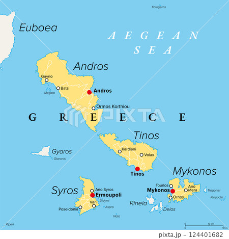 Andros, Mykonos, Tinos, and Syros, islands in Greece, political map. Greek islands and the northern part of the island group Cyclades, in the Aegean Sea. Map with capitals and most important towns. Andros, Mykonos, Tinos, and Syros, islands in Greece, political map. Greek islands and the northern part of the island group Cyclades, in the Aegean Sea. Map with capitals and most important towns. 124401682