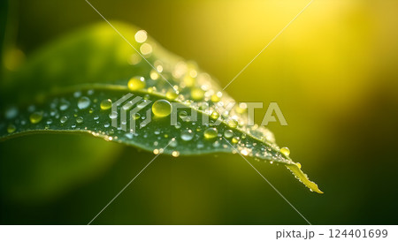 Green Leaves with Water Droplets in Soft Sunlight 124401699