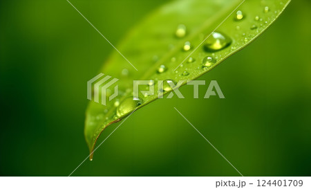 Green Leaves with Water Droplets in Soft Sunlight 124401709