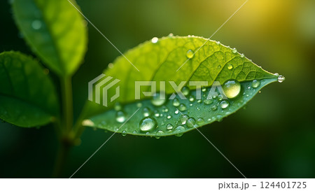 Green Leaves with Water Droplets in Soft Sunlight Green Leaves with Water Droplets in Soft Sunlight 124401725