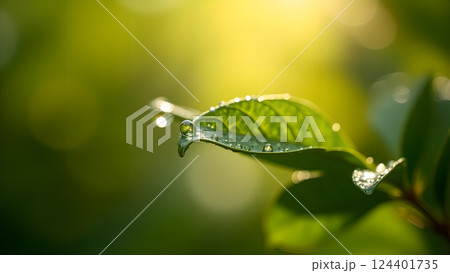 Green Leaves with Water Droplets in Soft Sunlight Green Leaves with Water Droplets in Soft Sunlight 124401735