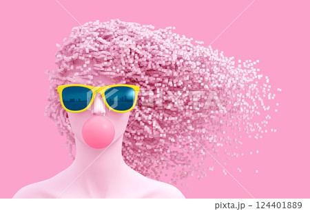 Head of a young woman and 3D pixels as hair on a pink background 124401889