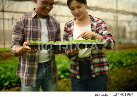 Farmers inspecting a tray of green sprouts in a greenhouse. Sustainable farming practices concept Farmers inspecting a tray of green sprouts in a greenhouse. Sustainable farming practices concept 124401964
