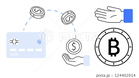 Credit card emits dollar coins, hand catches them, and Bitcoin coin on the right. Ideal for finance, digital transactions, e-commerce, fintech, online payments, crypto investments, and economic Credit card emits dollar coins, hand catches them, and Bitcoin coin on the right. Ideal for finance, digital transactions, e-commerce, fintech, online payments, crypto investments, and economic 124402014