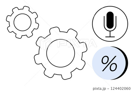 Large and small gears alongside microphone and percentage sign icons. Ideal for technology, automation, communication, efficiency, business, data analysis, and marketing themes. Line metaphor 124402060