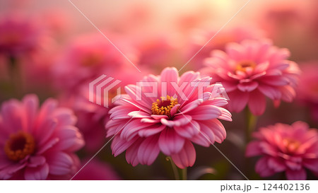 Soft Pink Daisies in Dreamy Sunlight Garden 124402136