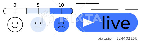 Sentiment scale with happy faces happy to sad , rating bar 0-10 , and live button. Ideal for user feedback, customer satisfaction, online surveys, live streaming, webinars, virtual events Sentiment scale with happy faces happy to sad , rating bar 0-10 , and live button. Ideal for user feedback, customer satisfaction, online surveys, live streaming, webinars, virtual events 124402159
