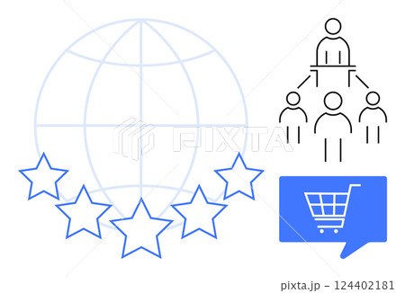 Global network represented by Earth grid and five stars, hierarchical organizational structure symbol, shopping cart dialog box. Ideal for business strategy, e-commerce, marketing, online reviews 124402181