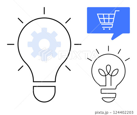 Light bulbs with gear, plant, and shopping cart symbols representing innovation, eco-friendliness, and e-commerce. Ideal for business strategies, creative thinking, environmental concepts 124402203