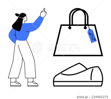 Woman pointing upwards, large handbag with price tag, pair of shoes. Ideal for retail, fashion, shopping, e-commerce, advertisements, consumer behavior, product promotion. Line metaphor Woman pointing upwards, large handbag with price tag, pair of shoes. Ideal for retail, fashion, shopping, e-commerce, advertisements, consumer behavior, product promotion. Line metaphor 124402273