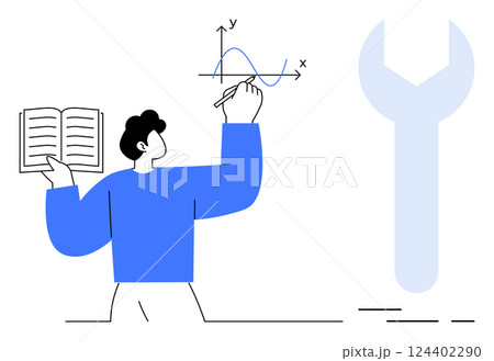 Man holding book, drawing graph on board with spanner symbol nearby. Ideal for education, engineering, technical tutorials, workshops, STEM programs, analytical thinking, instructional guides. Banner 124402290