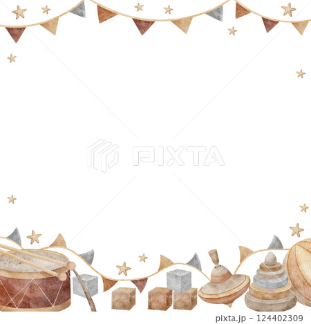 Frame vintage toys with a garland of flags. Watercolor hand-drawn illustration in retro style on a white background. Square template with space for text for cards, invitations, holidays, birthdays 124402309