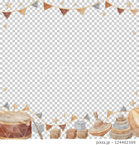 Frame vintage toys with a garland of flags. Watercolor hand-drawn illustration in retro style on a white background. Square template with space for text for cards, invitations, holidays, birthdays 124402309